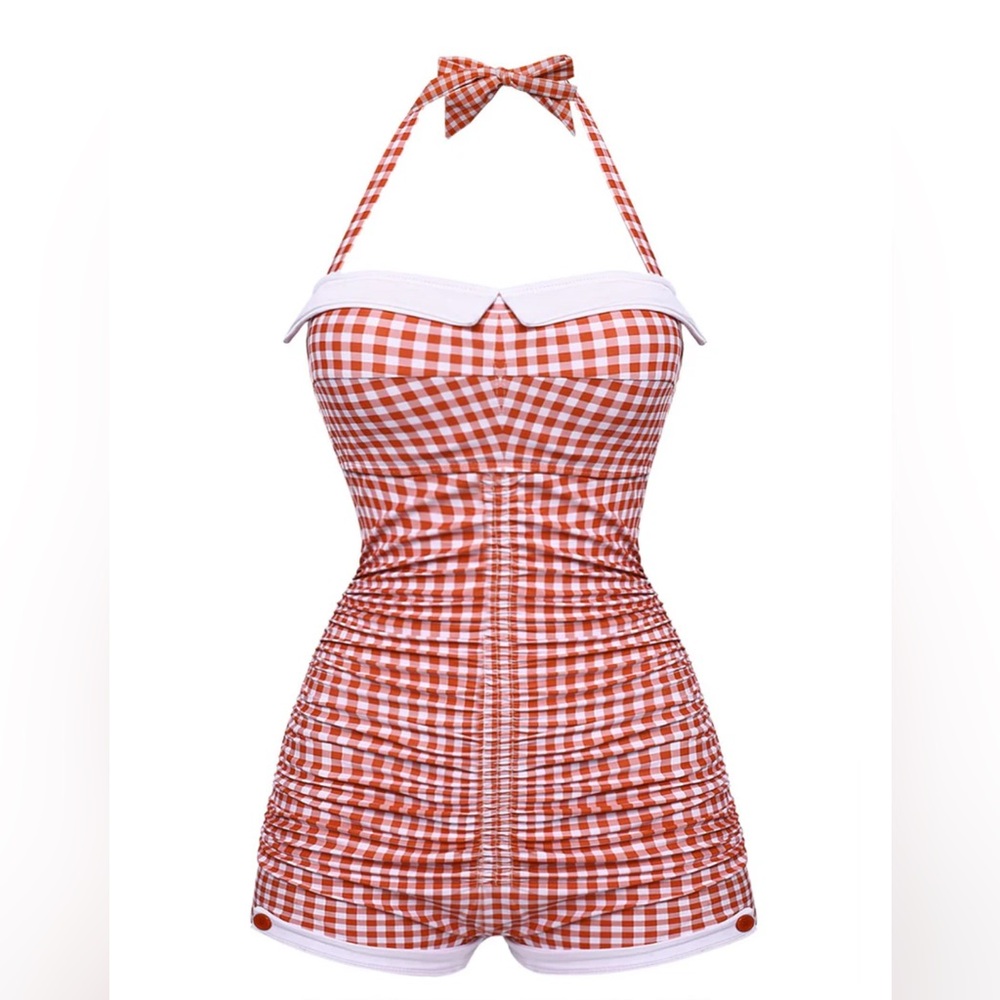 Gingham Halter One Piece Swimsuit - Red